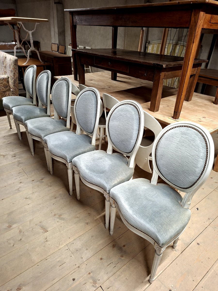 Serie de 6 chaises Médaillon style Louis XVI patiné ancienne -photo-3