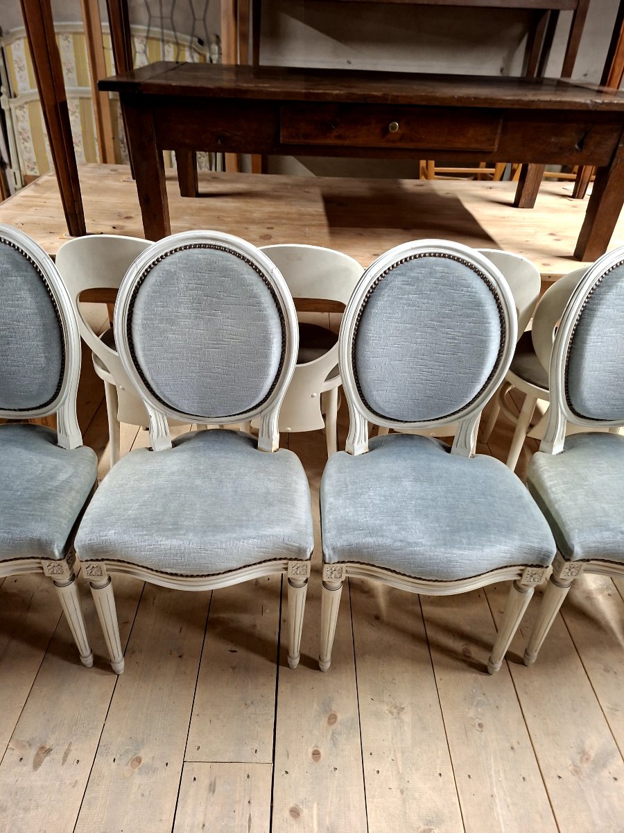 Serie de 6 chaises Médaillon style Louis XVI patiné ancienne -photo-5