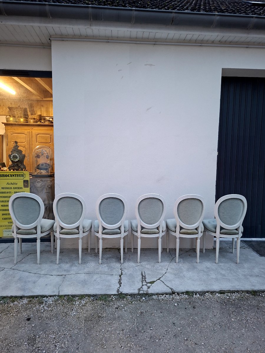 Serie de 6 chaises Médaillon style Louis XVI patiné ancienne -photo-8