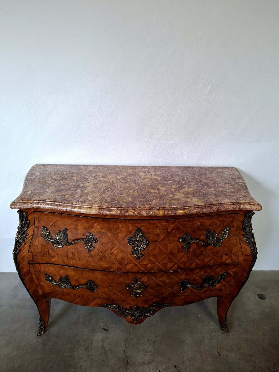 Commode bombée style Louis XV en marqueterie et bronze d'époque 19éme -photo-3