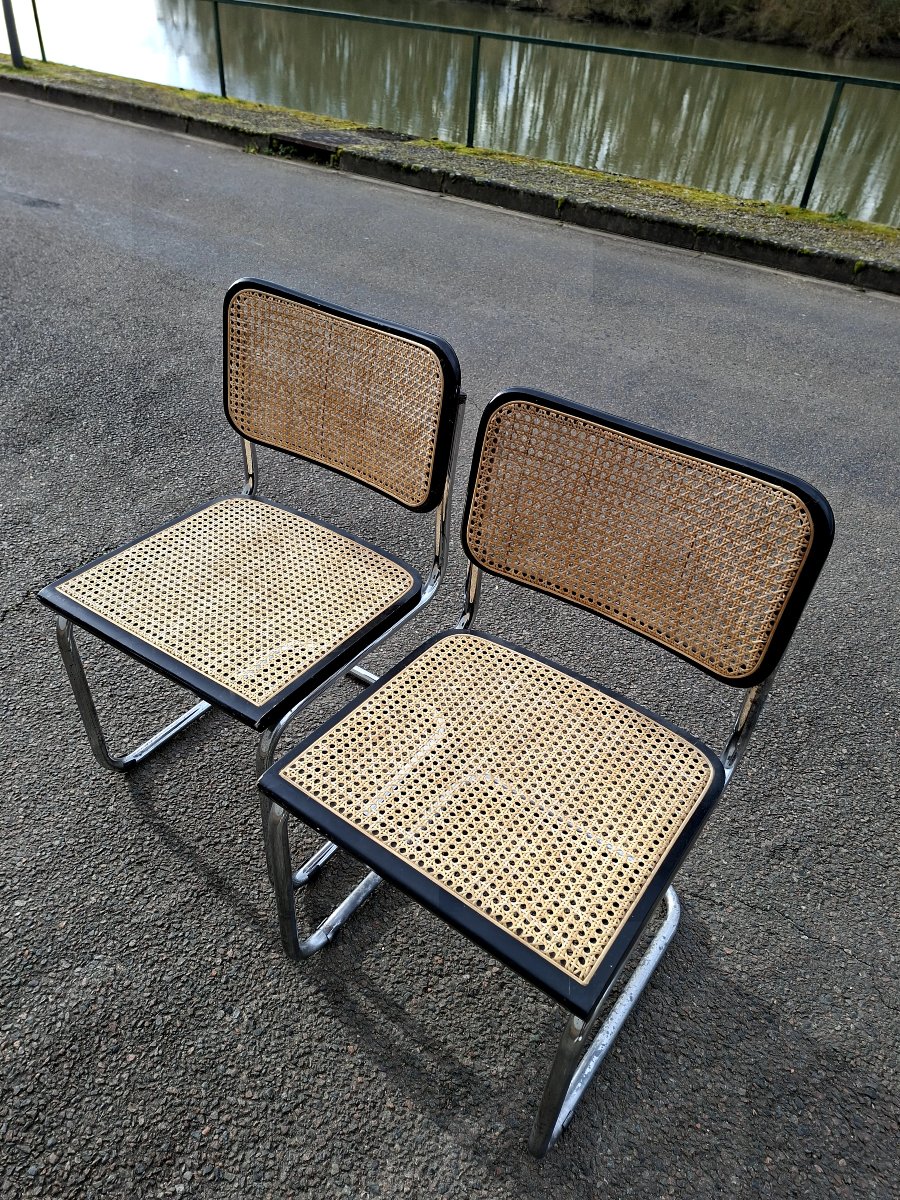 Pair Of Marcel Breuer B32 Model Cane Chairs, Made In Italy -photo-3