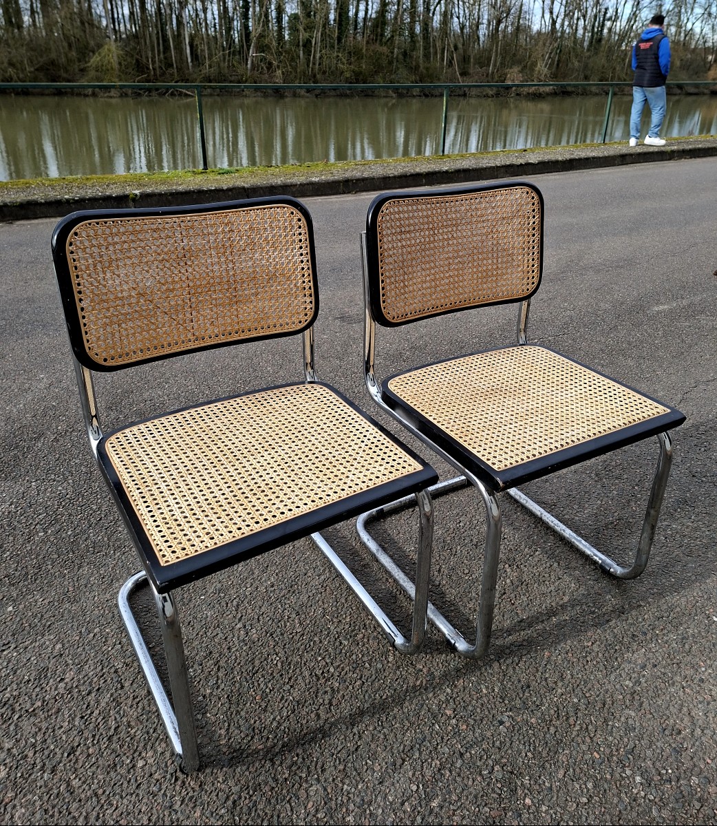 Pair Of Marcel Breuer B32 Model Cane Chairs, Made In Italy 