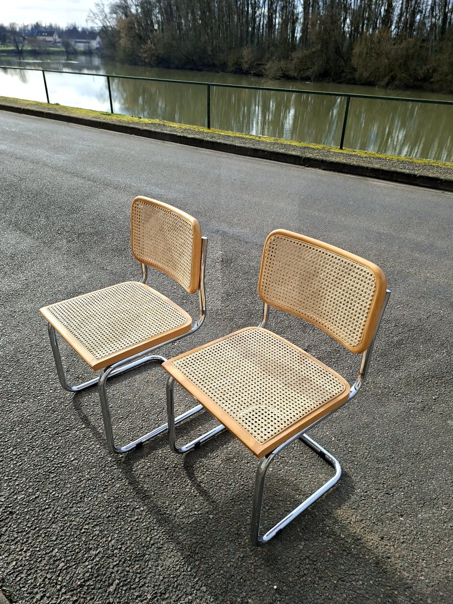 Pair Of Marcel Breuer B32 Model Chairs In Original Caning, Made In Italy -photo-3