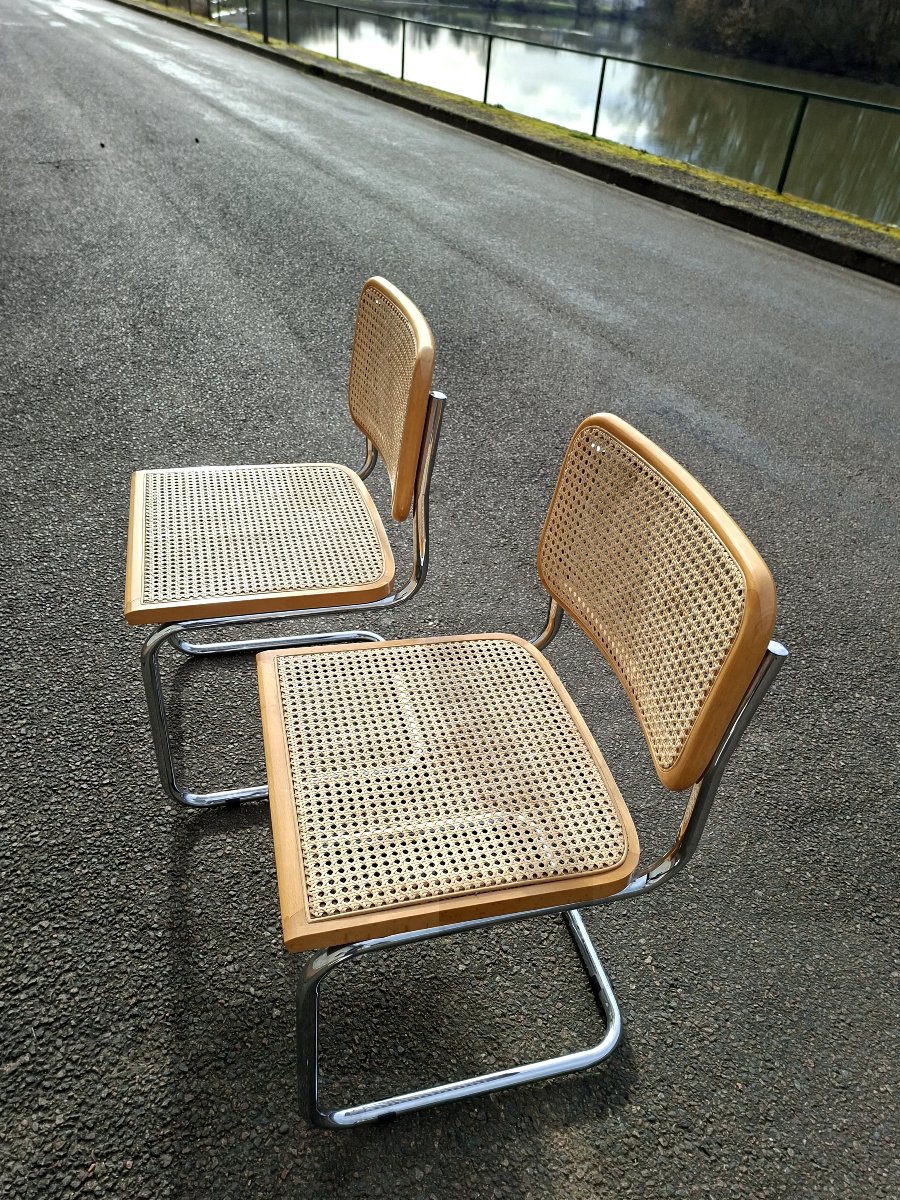 Pair Of Marcel Breuer B32 Model Chairs In Original Caning, Made In Italy -photo-4