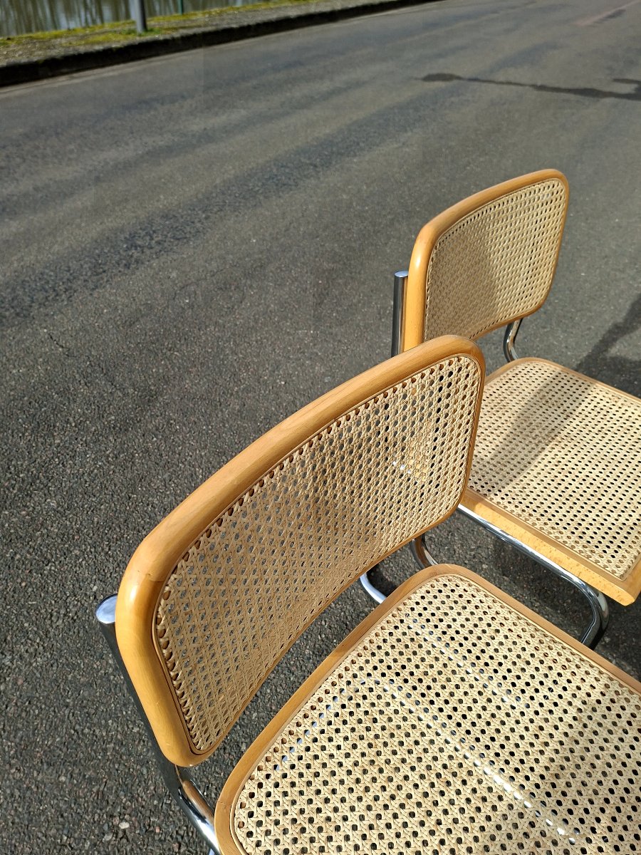 Pair Of Marcel Breuer B32 Model Chairs In Original Caning, Made In Italy -photo-7