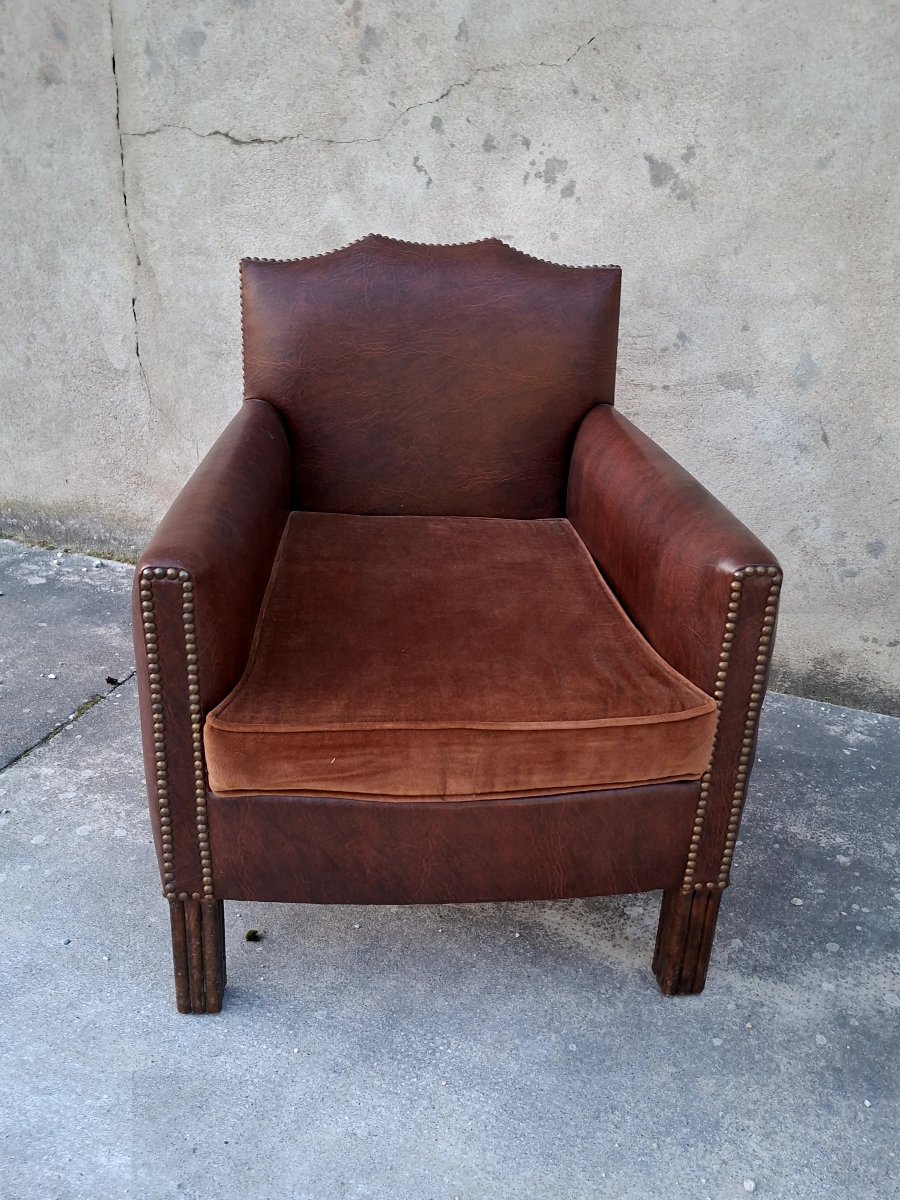 Club Chair In Vinyl And Vintage Fabric, 1930s Art Deco Style -photo-2