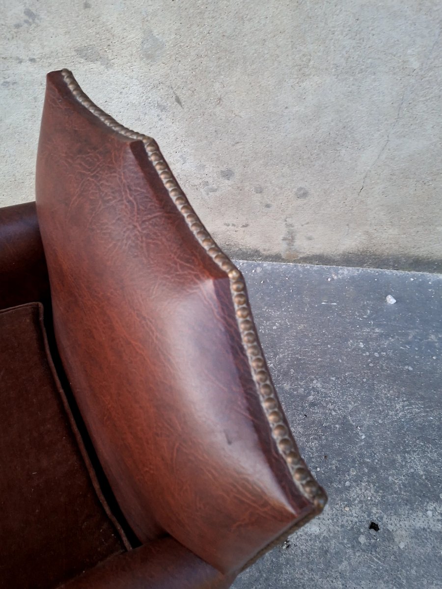 Club Chair In Vinyl And Vintage Fabric, 1930s Art Deco Style -photo-6