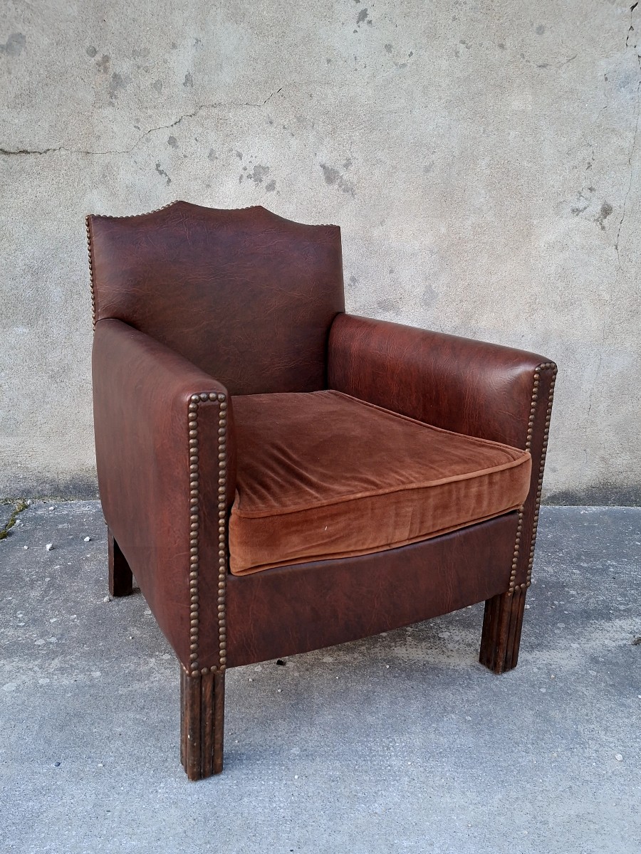 Club Chair In Vinyl And Vintage Fabric, 1930s Art Deco Style 