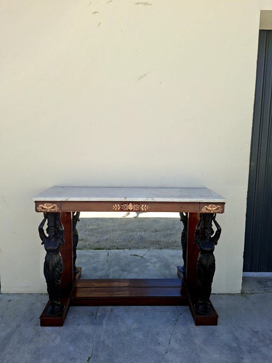 Console aux cariatides d'époque Empire en Acajou massif et marbre -photo-2