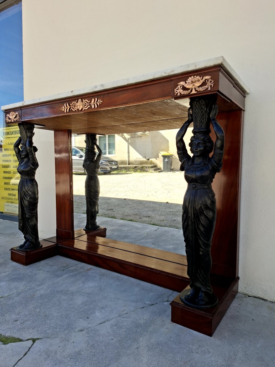 Console aux cariatides d'époque Empire en Acajou massif et marbre -photo-3