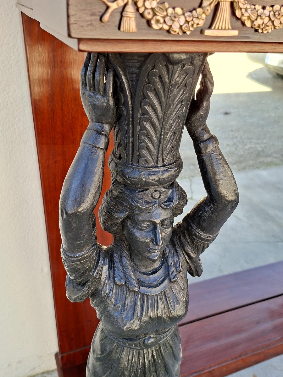 Console aux cariatides d'époque Empire en Acajou massif et marbre -photo-4