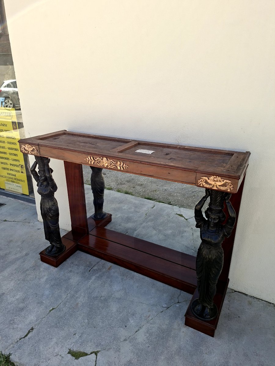 Console aux cariatides d'époque Empire en Acajou massif et marbre -photo-6
