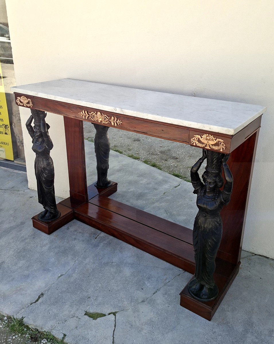Console aux cariatides d'époque Empire en Acajou massif et marbre 