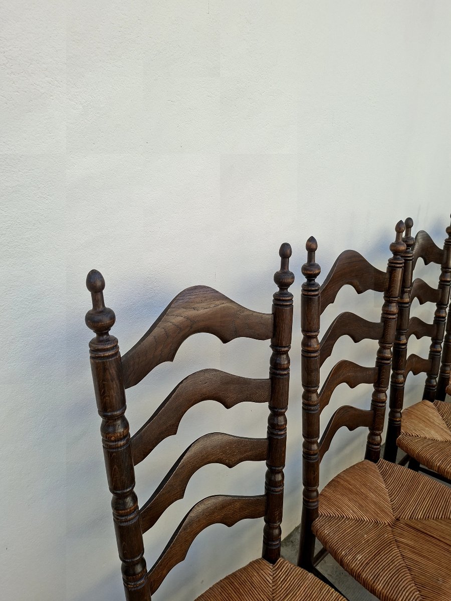 Set Of 6 High-back Straw-seated Chairs In Solid Oak, Early 1900s -photo-2