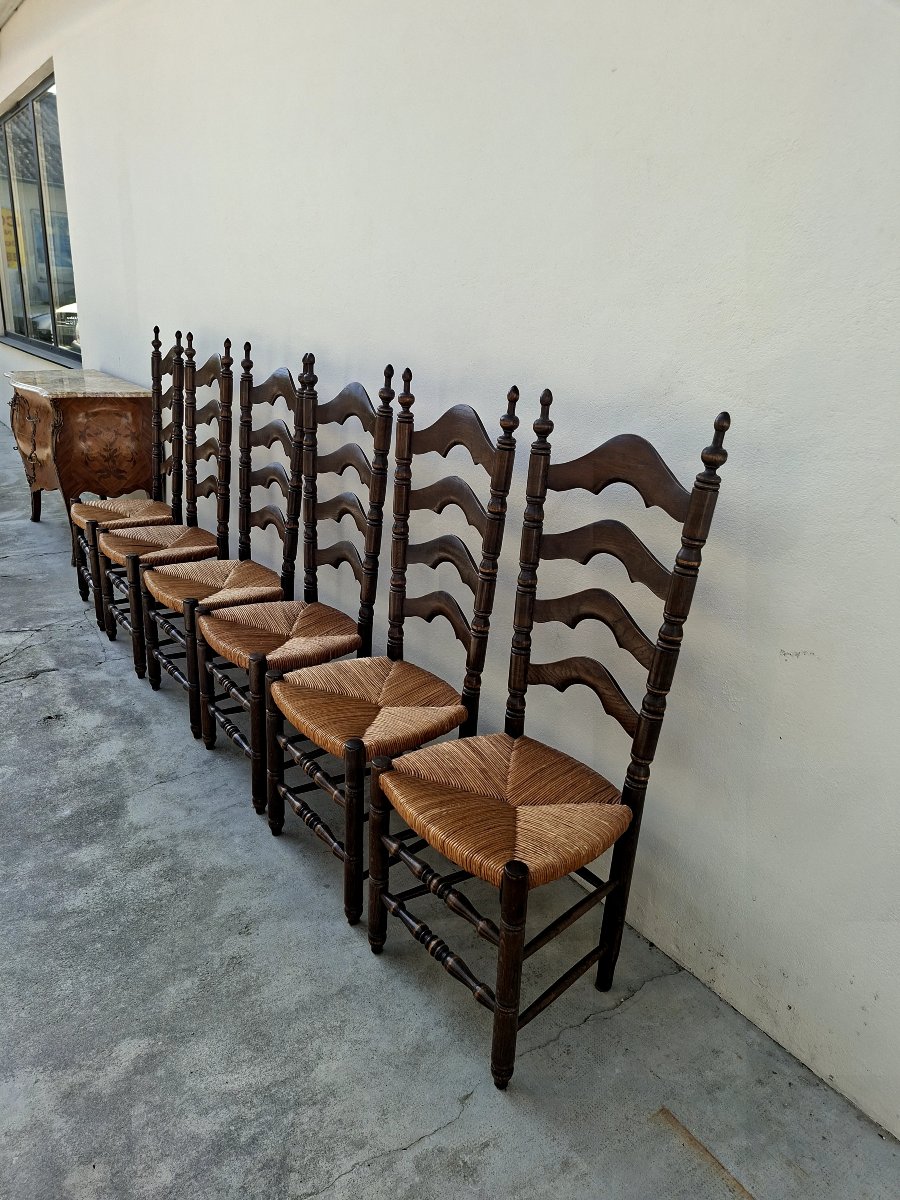 Set Of 6 High-back Straw-seated Chairs In Solid Oak, Early 1900s -photo-3