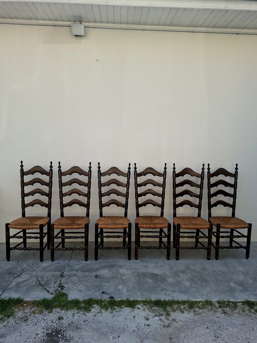 Set Of 6 High-back Straw-seated Chairs In Solid Oak, Early 1900s -photo-4