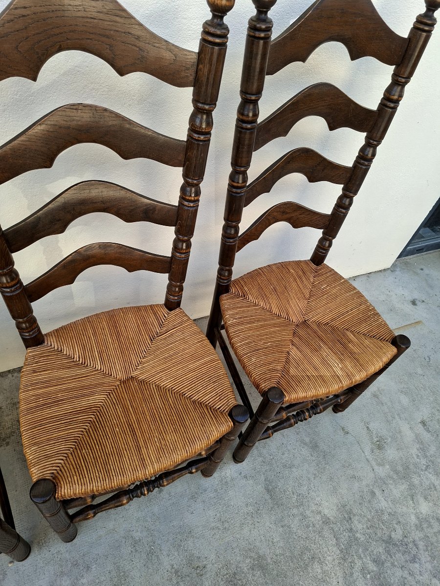 Set Of 6 High-back Straw-seated Chairs In Solid Oak, Early 1900s -photo-1