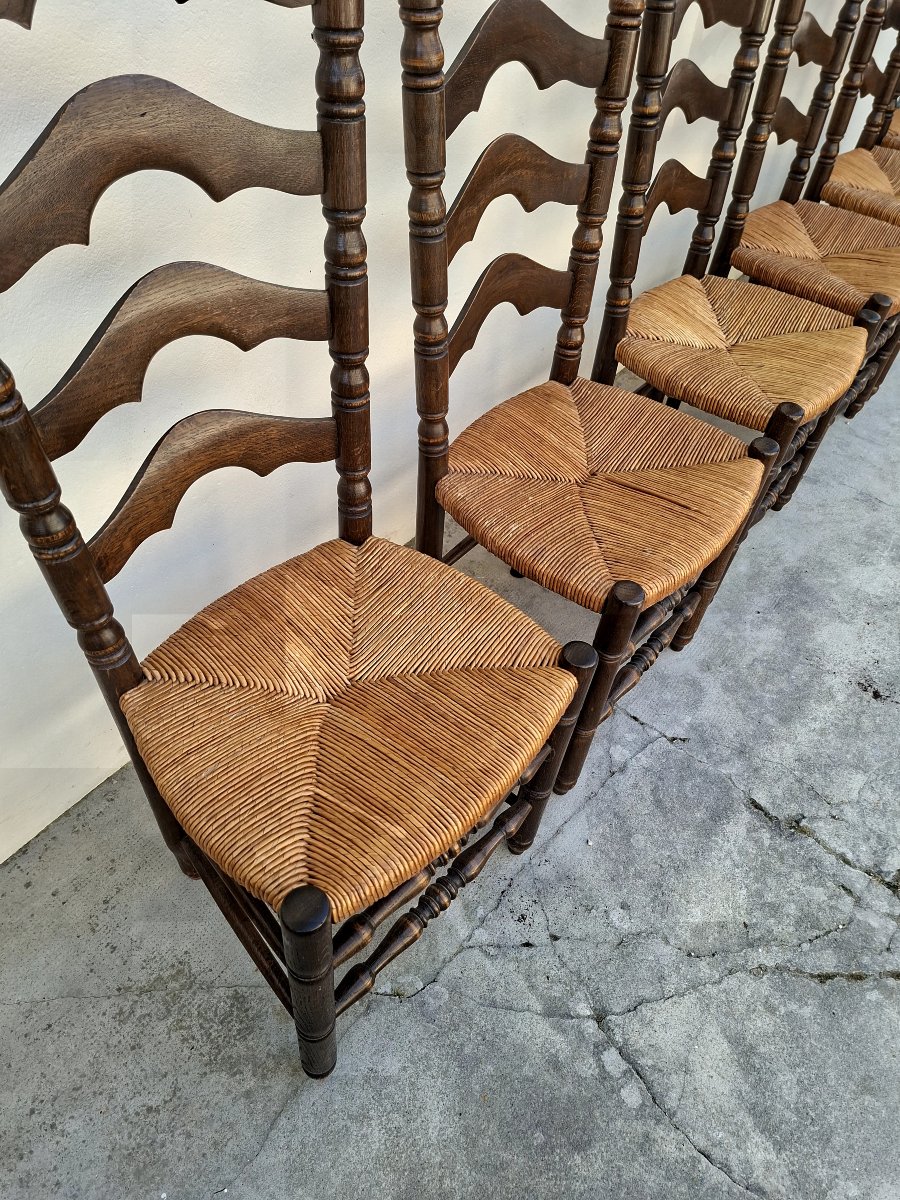 Set Of 6 High-back Straw-seated Chairs In Solid Oak, Early 1900s -photo-2