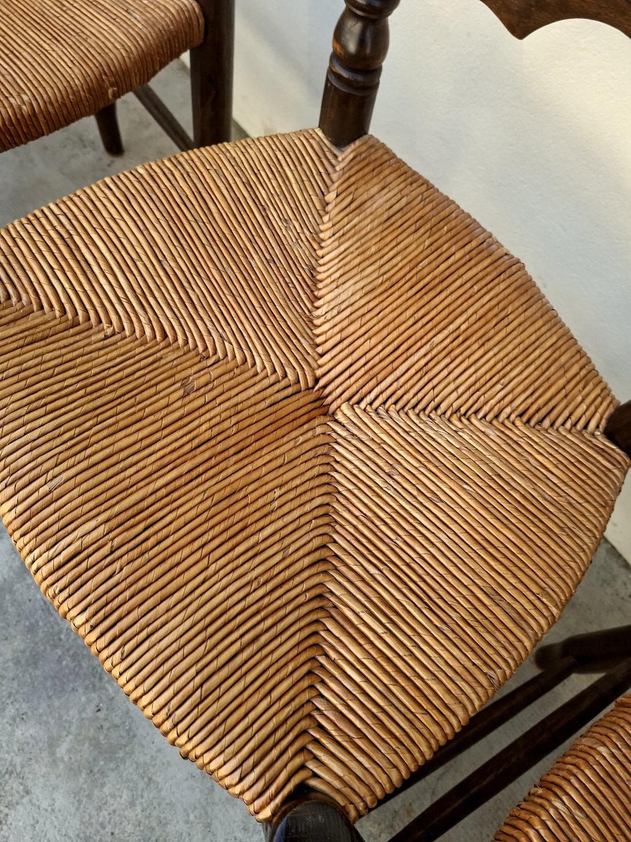 Set Of 6 High-back Straw-seated Chairs In Solid Oak, Early 1900s -photo-3