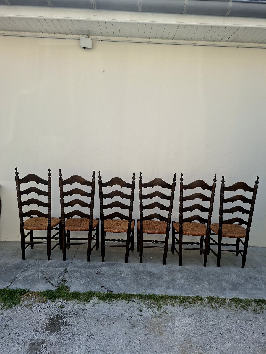Set Of 6 High-back Straw-seated Chairs In Solid Oak, Early 1900s -photo-5