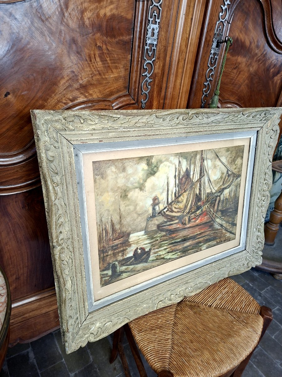 Paul Henry Lafon, Painting Of A Boat In The Harbor, Mixed Media On Paper, Signed -photo-2