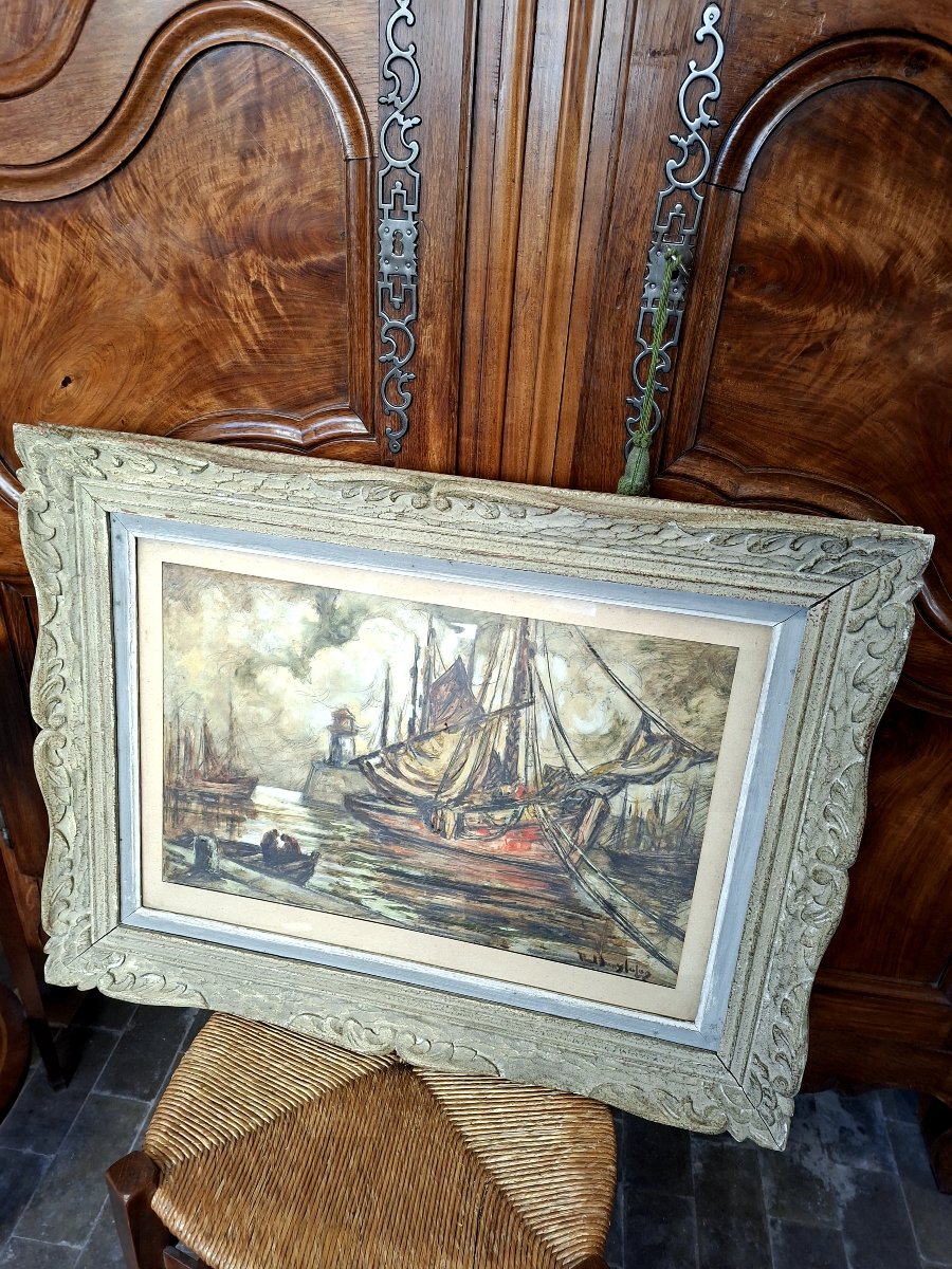 Paul Henry Lafon, Painting Of A Boat In The Harbor, Mixed Media On Paper, Signed -photo-3