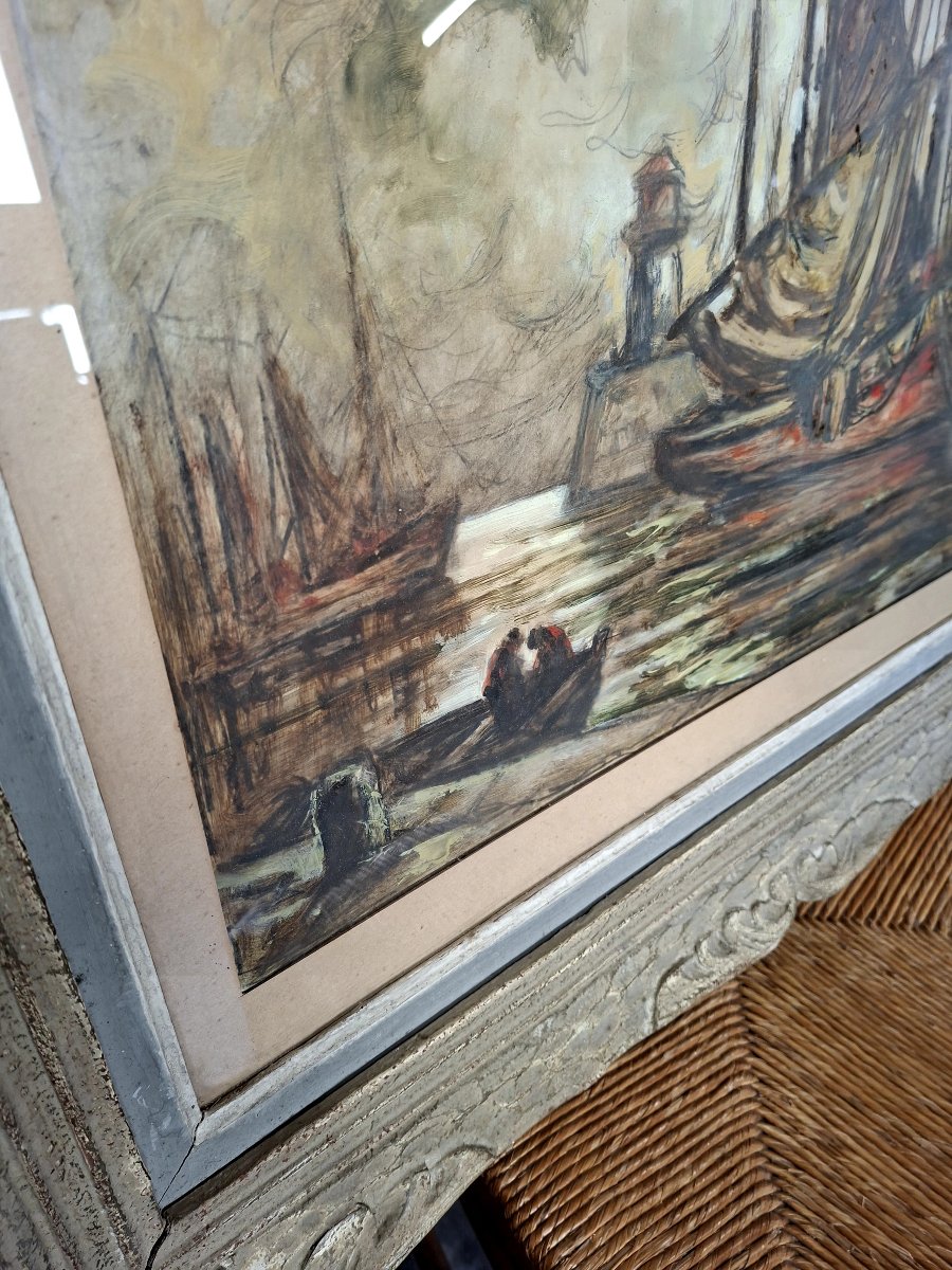 Paul Henry Lafon, Painting Of A Boat In The Harbor, Mixed Media On Paper, Signed -photo-2