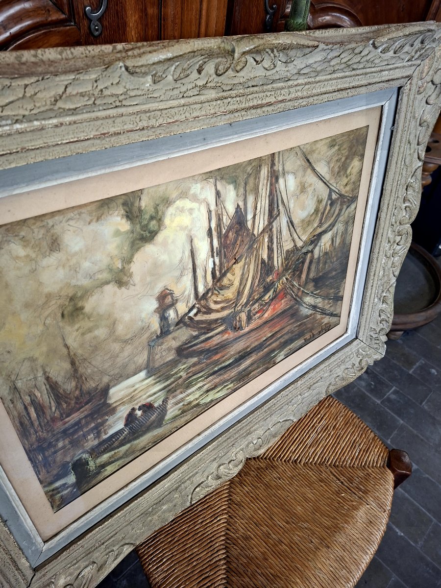 Paul Henry Lafon, Painting Of A Boat In The Harbor, Mixed Media On Paper, Signed -photo-5