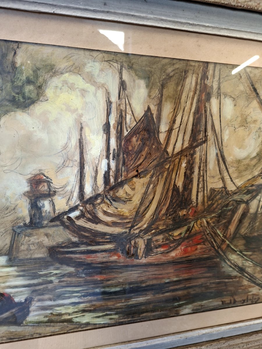 Paul Henry Lafon, Painting Of A Boat In The Harbor, Mixed Media On Paper, Signed -photo-6