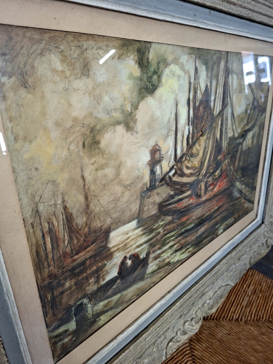 Paul Henry Lafon, Painting Of A Boat In The Harbor, Mixed Media On Paper, Signed -photo-8