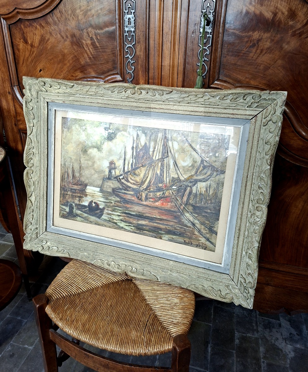 Paul Henry Lafon, Painting Of A Boat In The Harbor, Mixed Media On Paper, Signed 