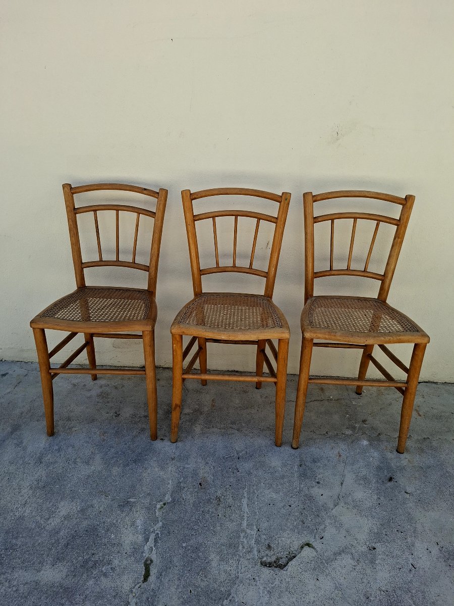 Serie de 3 chaises de bistrot guinguette 1930s en cannage -photo-2