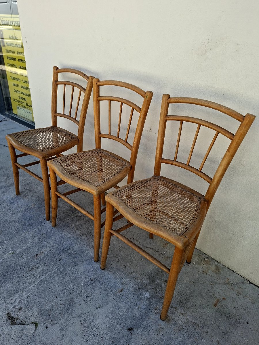 Serie de 3 chaises de bistrot guinguette 1930s en cannage -photo-3