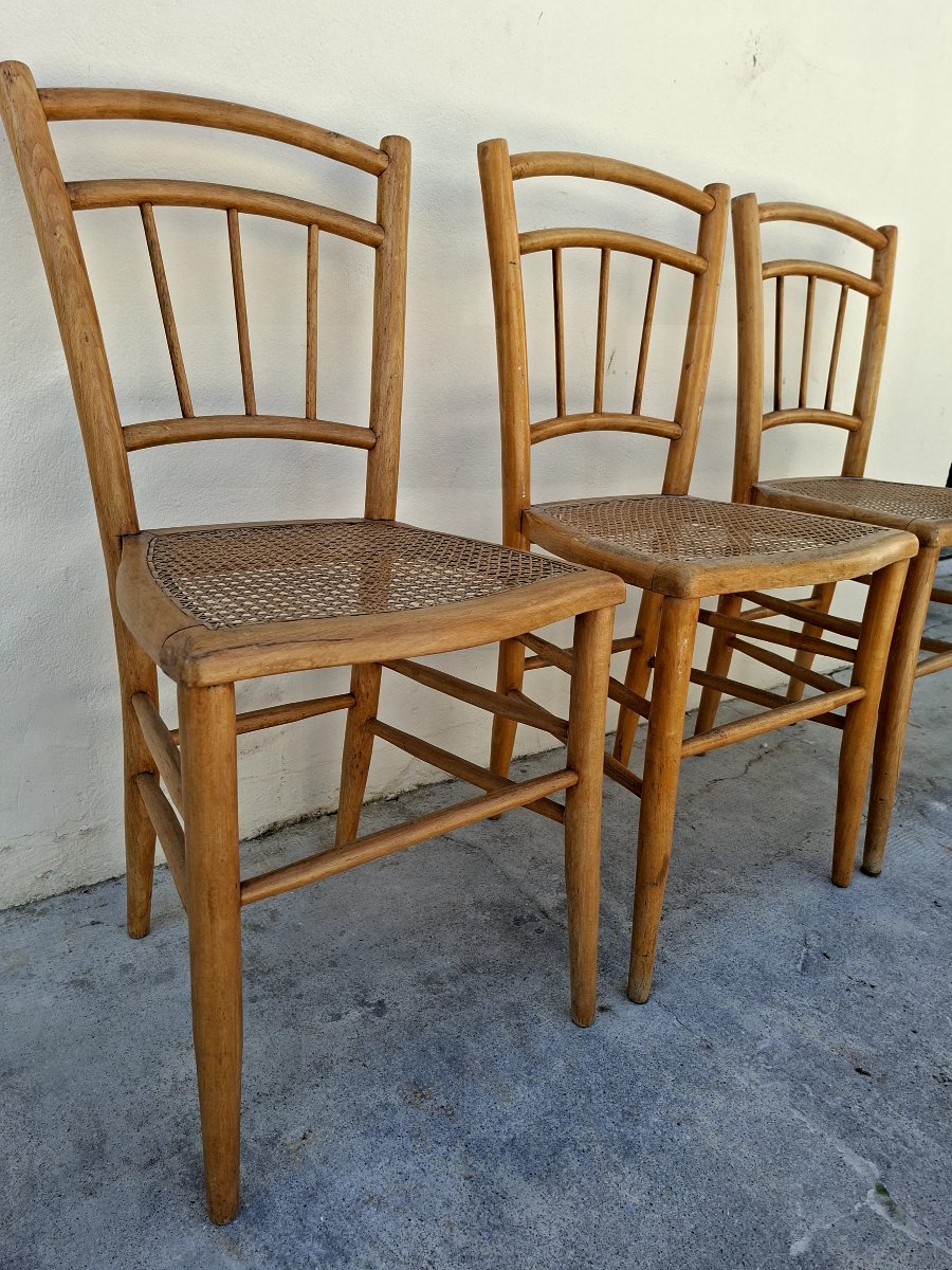 Serie de 3 chaises de bistrot guinguette 1930s en cannage -photo-4