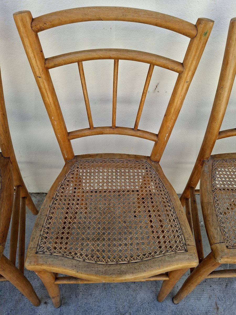 Serie de 3 chaises de bistrot guinguette 1930s en cannage -photo-1