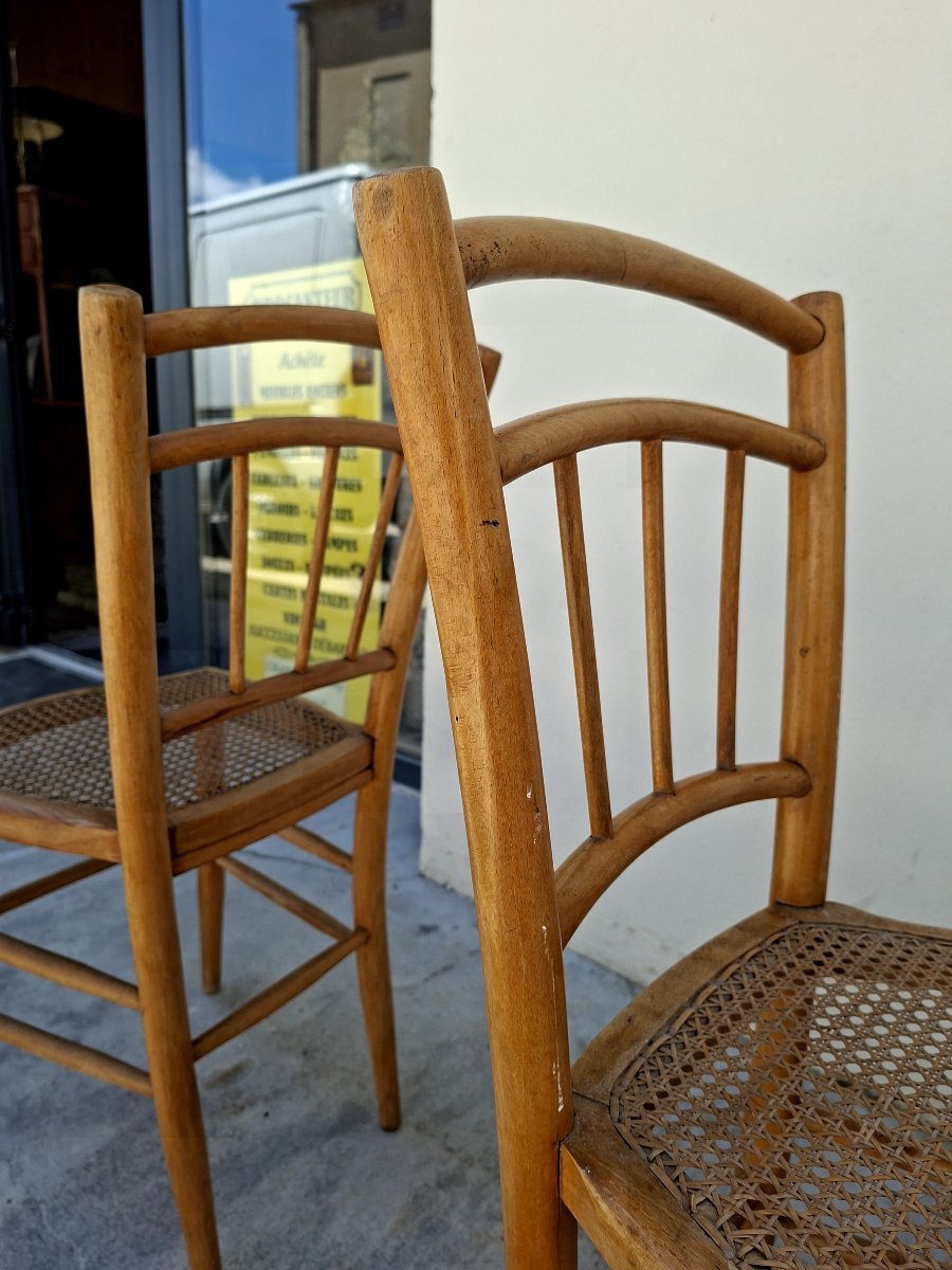 Serie de 3 chaises de bistrot guinguette 1930s en cannage -photo-4