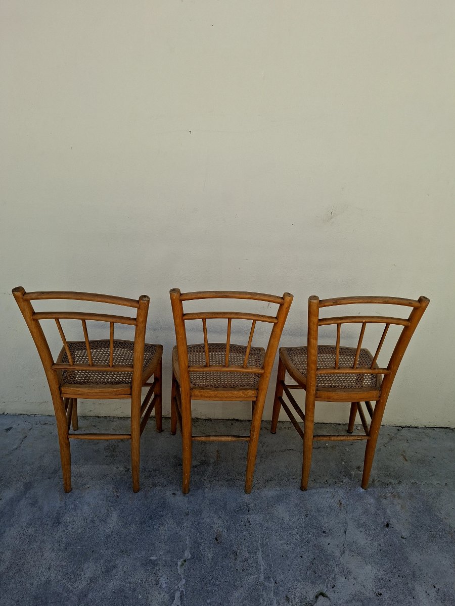 Serie de 3 chaises de bistrot guinguette 1930s en cannage -photo-5