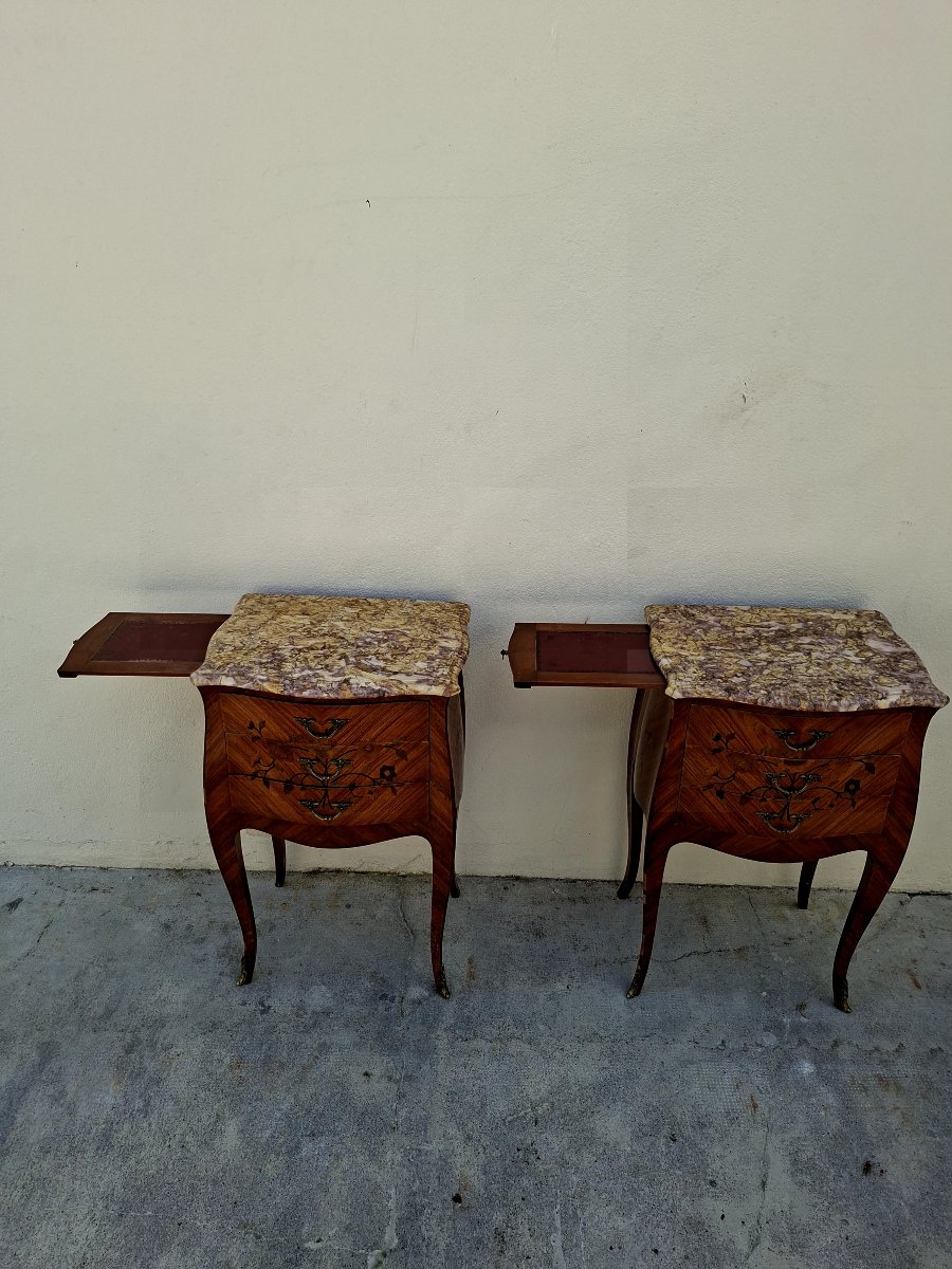 Paire de tables de nuits chevets en marqueterie style Louis XV en bois de rose -photo-2