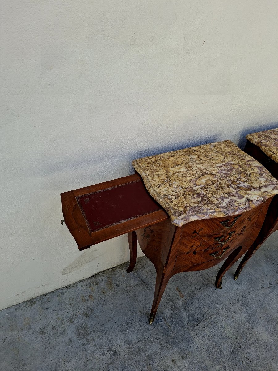 Paire de tables de nuits chevets en marqueterie style Louis XV en bois de rose -photo-3