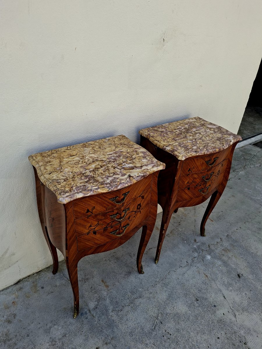 Paire de tables de nuits chevets en marqueterie style Louis XV en bois de rose -photo-4