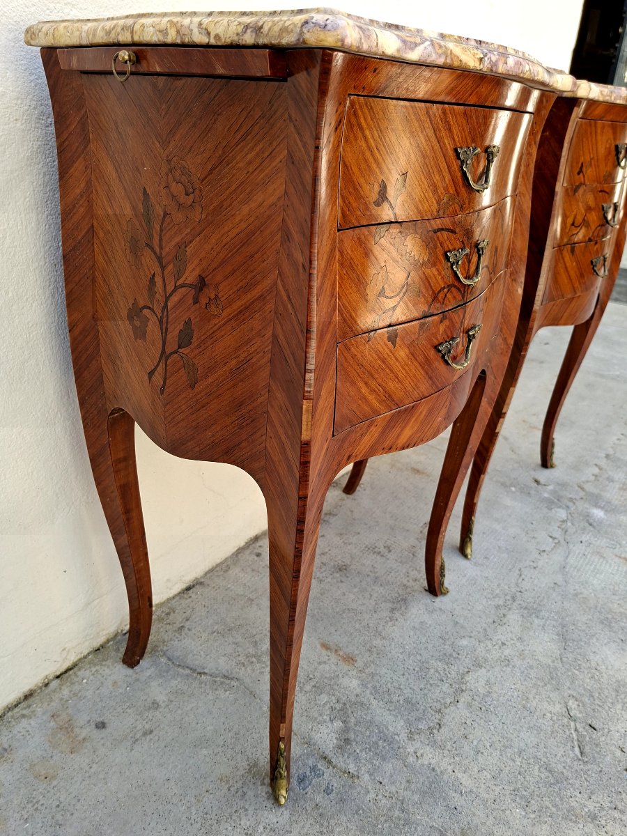 Paire de tables de nuits chevets en marqueterie style Louis XV en bois de rose -photo-4
