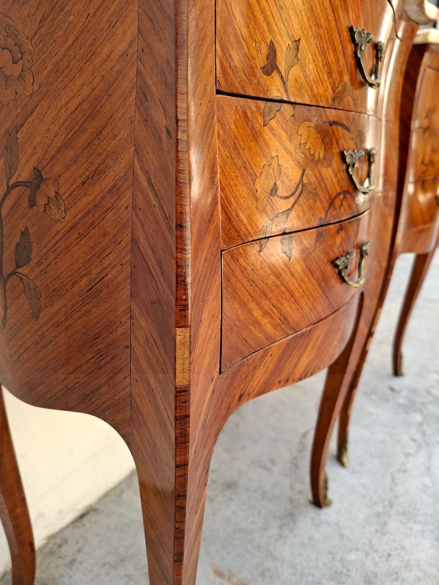 Paire de tables de nuits chevets en marqueterie style Louis XV en bois de rose -photo-6