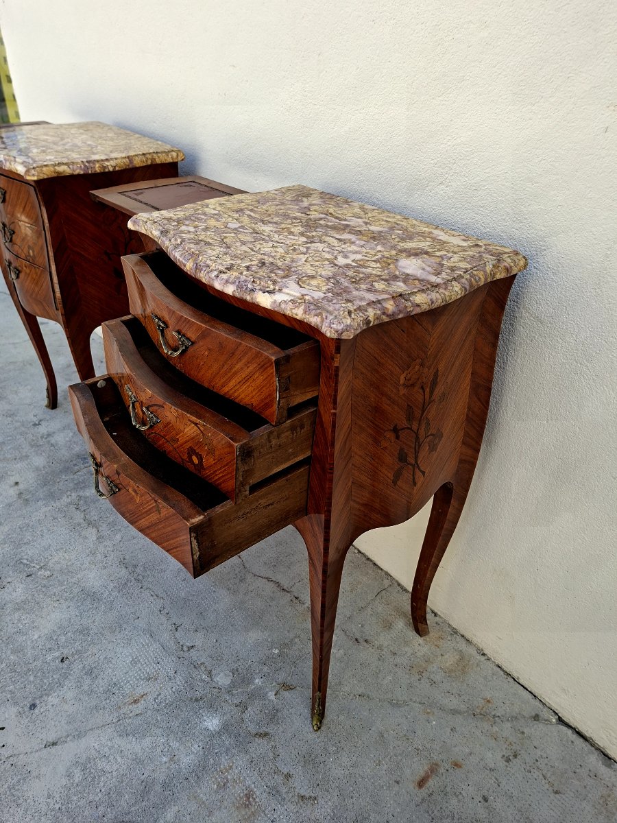 Paire de tables de nuits chevets en marqueterie style Louis XV en bois de rose -photo-7