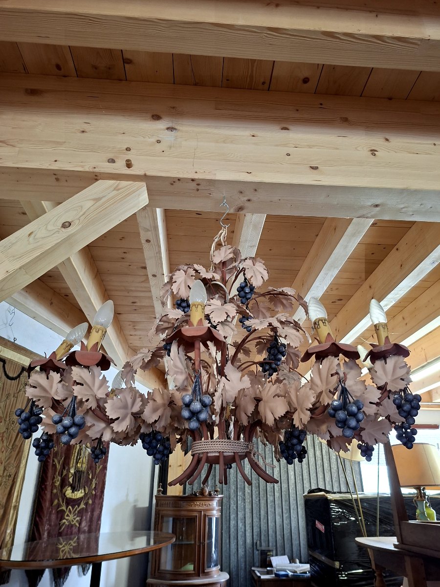 Magnificent Chandelier Decorated With Vine Leaves And Bunches Of Grapes 1970s