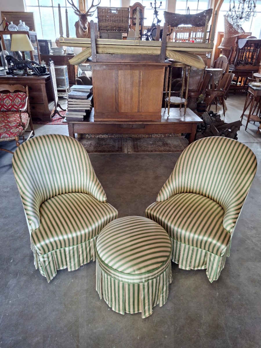 Ensemble Paire de fauteuils crapauds et pouf ancien 1930s-photo-3