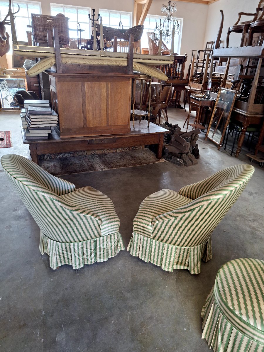 Ensemble Paire de fauteuils crapauds et pouf ancien 1930s-photo-4