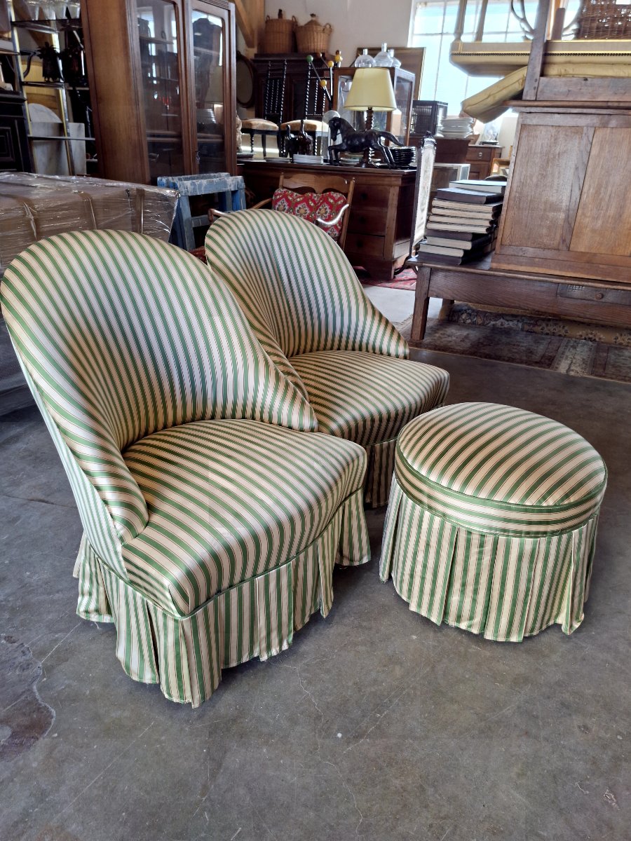 Ensemble Paire de fauteuils crapauds et pouf ancien 1930s-photo-6