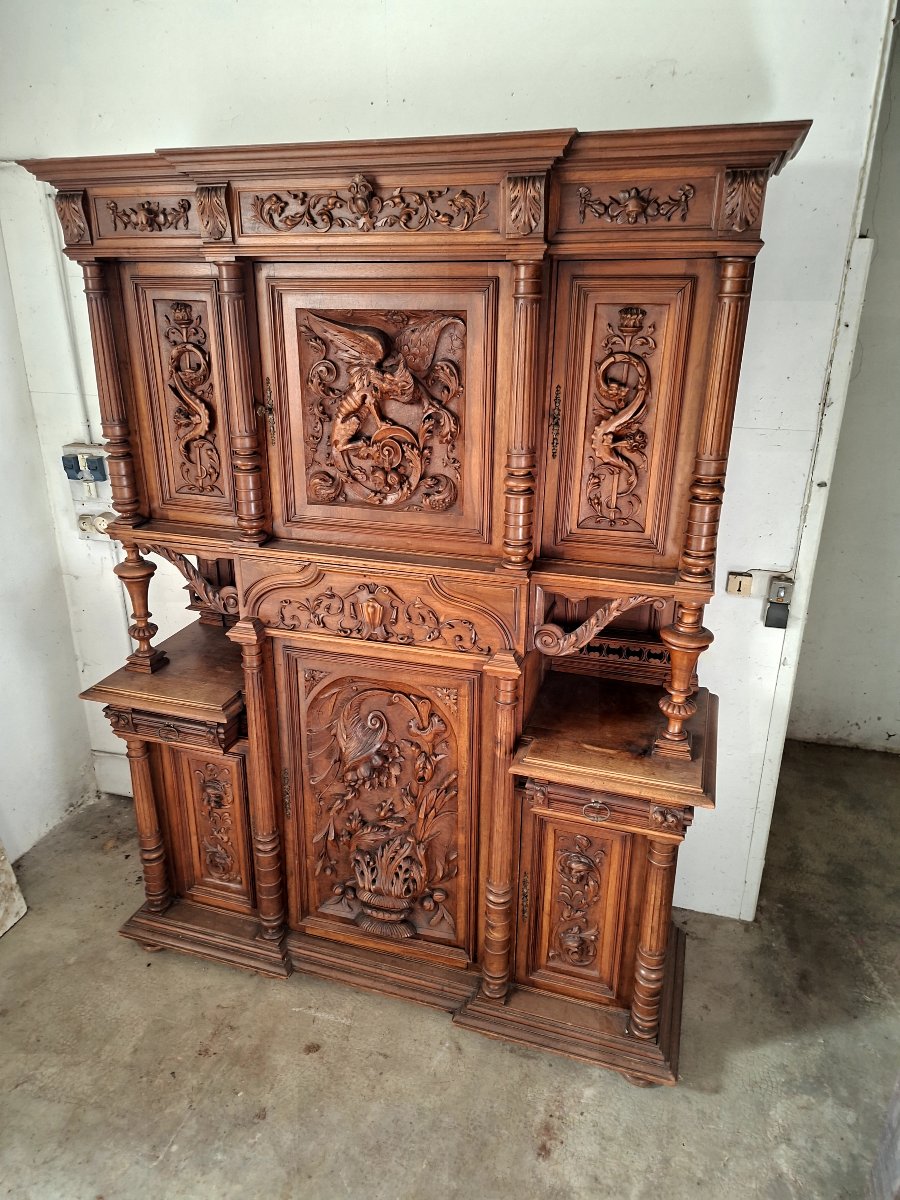Two-piece Sideboard In Carved Walnut, Henri II / Neo-renaissance Style, 19th-century Piece -photo-2