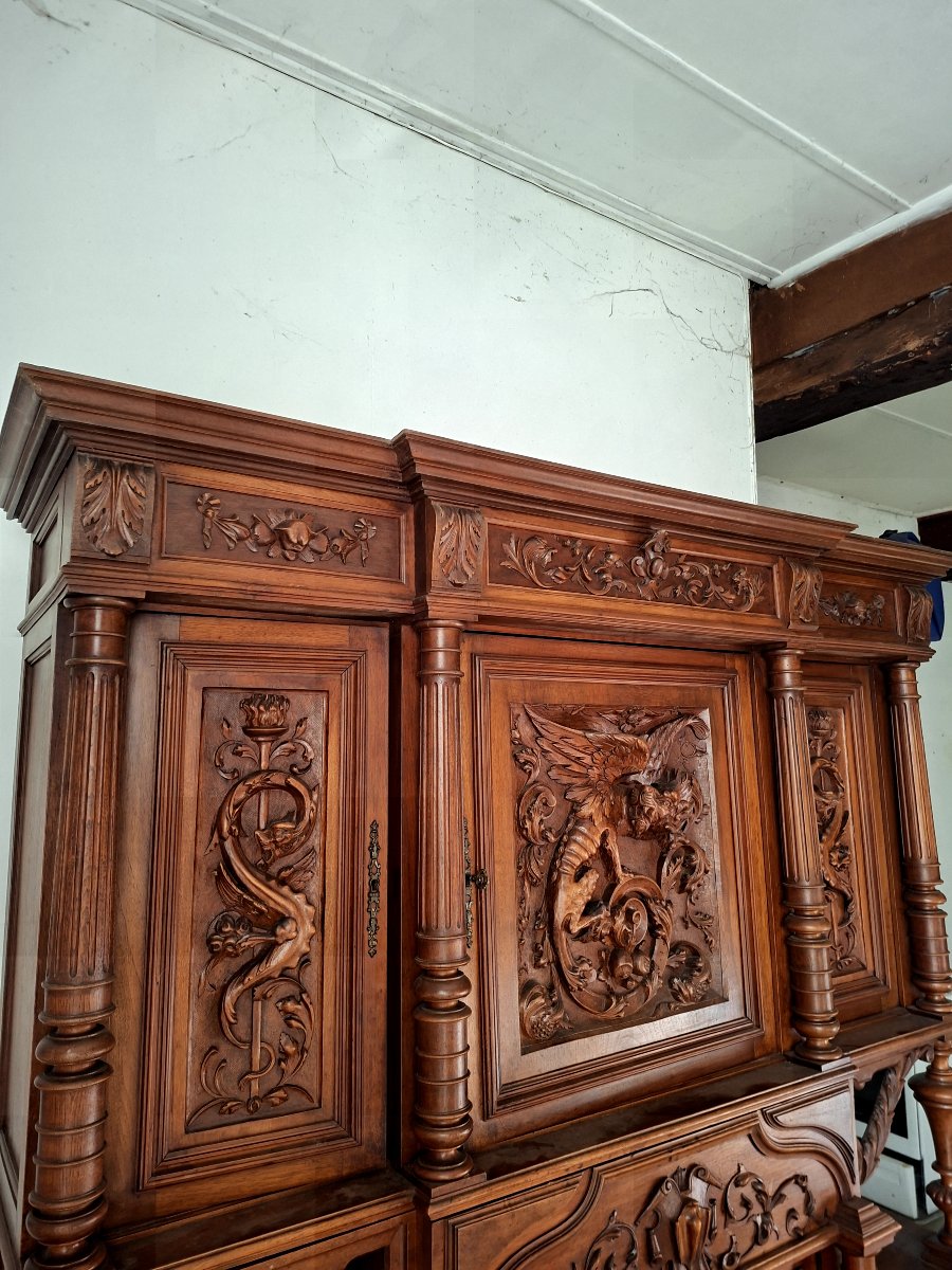 Two-piece Sideboard In Carved Walnut, Henri II / Neo-renaissance Style, 19th-century Piece -photo-4