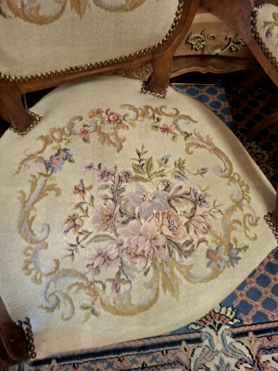 Paire de fauteuils Cabriolet style Louis XV 19éme en tapisserie -photo-2